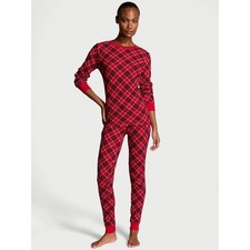 Victoria's Secret Thermal Long Pajama Set - Lipstick Red Plaid - Size LARGE L