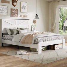 Queen/King Size Bed Frame Wood Platform Bed w/ Headboard Wooden Slat Support