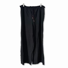 ZARA Black 100 Linen Wide Leg Pants Drawstring Beaded Tassels Women's Size XL