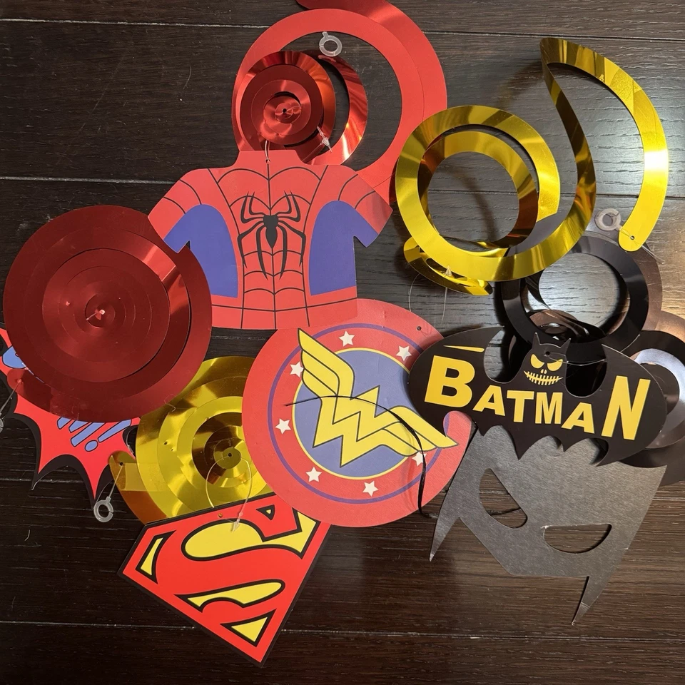 Banner, banderas e imágenes individuales decoraciones colgantes fiesta cumpleaños superhéroe Foto 3 de 4