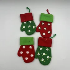 Lot of 4 Mini Holiday Christmas Stockings Ornaments Red & Green Mittens