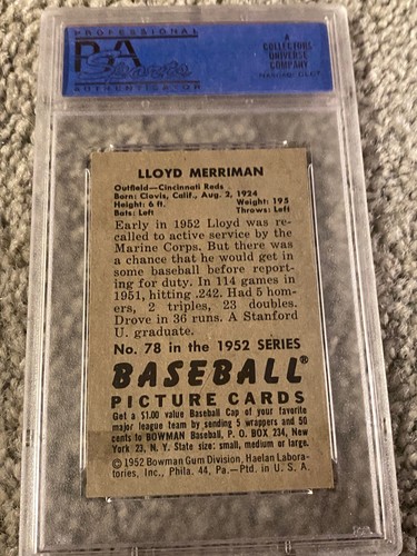 LLOYD MERRIMAN #78 1952 BOWMAN PSA 7 Nr MINT CINCINNATI REDS REDLEGS Centered - Picture 2 of 2