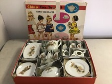 Vintage 24pc Child  s Porcelain Toy Tea Set Hand Painted Pine Cones Original Box