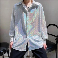 Men Holographic Shiny Shirt Showman Top Button Loose Stage Blouse Party Fashion