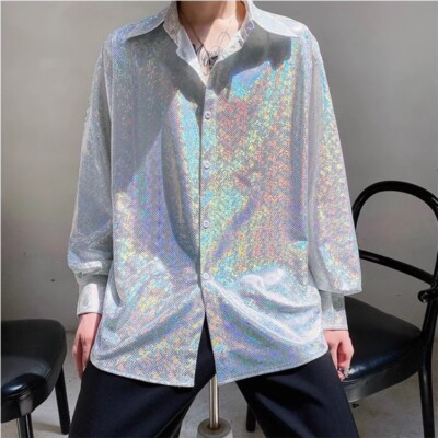 Herren Holographisch Glänzend Hemd Showman Top Knopf Lose Stage Bluse Party
