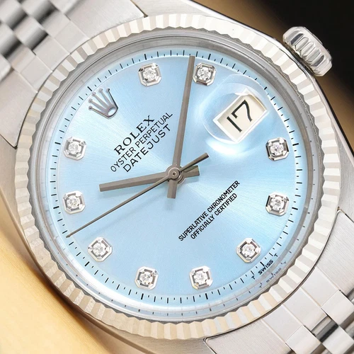 ROLEX MENS DATEJUST ICE BLUE DIAMOND DIAL 18K GOLD STEEL WATCH w/ JUBILEE BAND