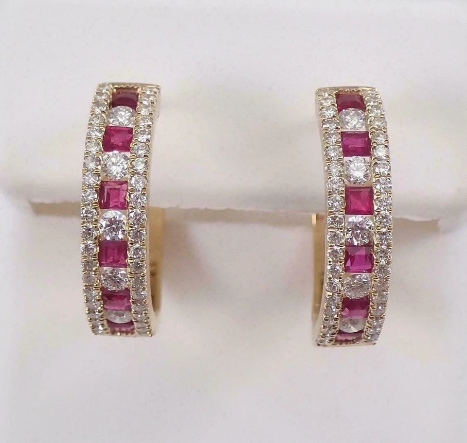 2.00 Ct Round Cut Pink Ruby Huggie Hoop Women's Earrings 14k Yellow Gold Finish - Image 4 of 4