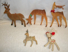 Lot of 5 - Vintage Assorted - Flocked/plastic REINDEER Christmas Ornaments