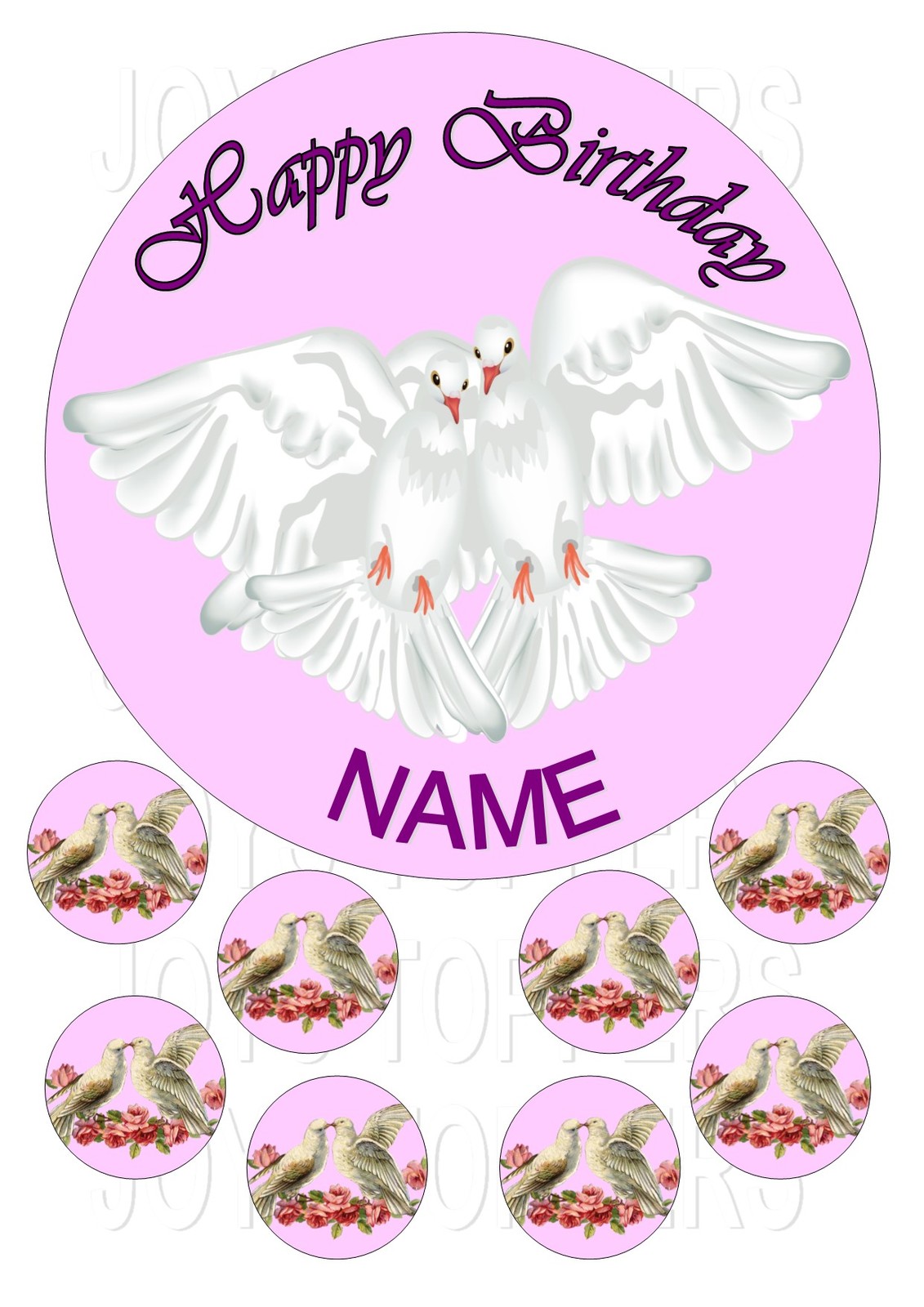 DOVES BIRTHDAY CAKE TOPPER ROUND EDIBLE ICED ICING FROSTING + 8 CUPCAKE