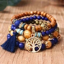 New Bohemian Beaded Layered 4 Strand Tree of Life Tassel Stretchy Bracelet Set