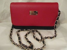 New St John Knit Red Crimson Black Logo Chain Shoulder Bag Leather Purse