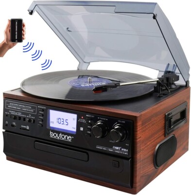 Boytone BT-22M Bluetooth Record Player Turntable AM/FM Radio Cassette CD USB Rec