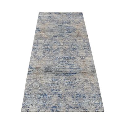 2'6''x6' Blue Silk with Wool Erased Rosette Design Hand Knotted Runner Rug R87337