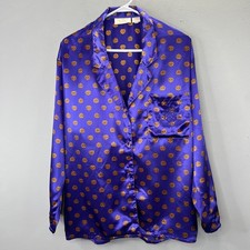 Vintage Victorias Secret Satin Pajama Shirt L Purple Satin Gold Label Long Slv