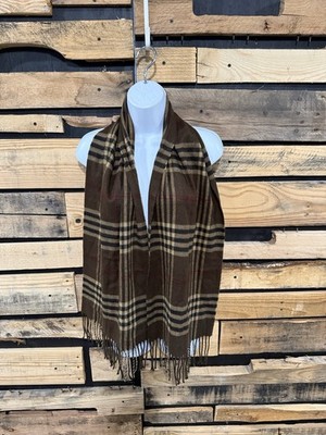 Brown/Tan/Black Plaid 100% Cashmere Made In Italy Fringe Scarf