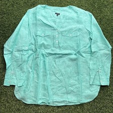 Talbots Plus Size X Henley Linen Blouse Long Sleeve Button Pocket Top Teal