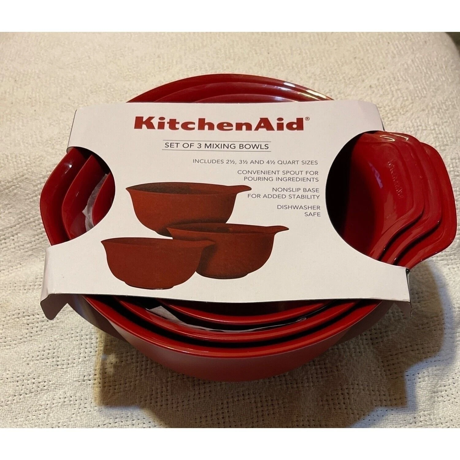 KitchenAid Set of 3 Mixing Bowls Red 2.5 3.5 4.5 Quart Dishwasher Safe