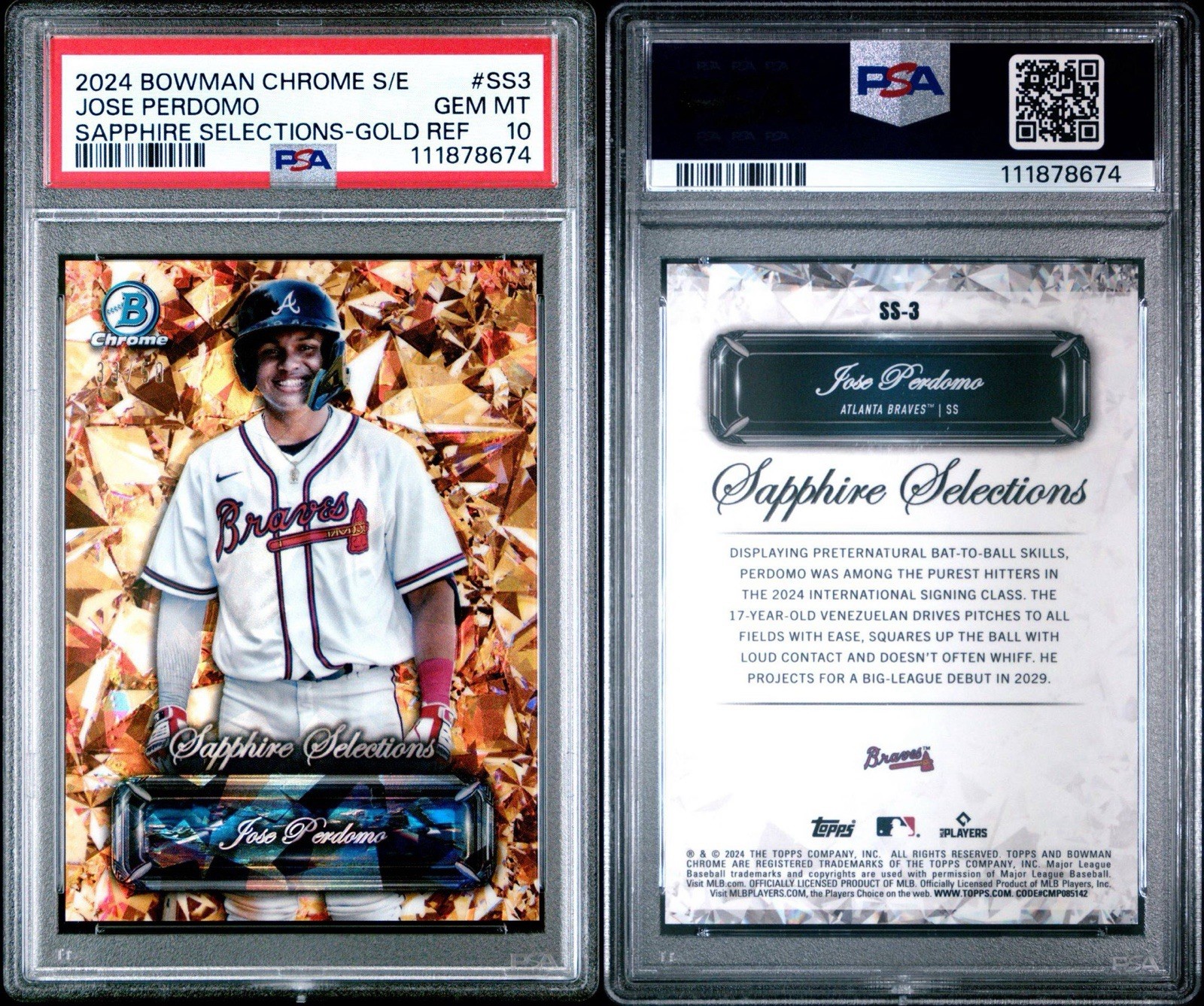 2024 Bowman Chrome Sapphire Jose Perdomo Selections Gold Refractor /50 PSA 10