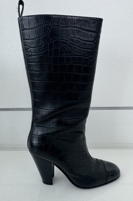 Chanel Black Leather Crocodile Style Imprint  Boots With Patent Leather Toe