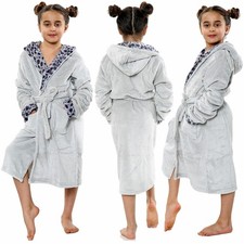 Kids Grey Bathrobe Fleece Soft Hooded Swim Beach Girls Boys Age 5-13 Years