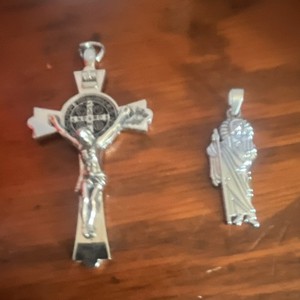 Lot of 2 Metal Christian Pendants: Crucifix Cross Pendant & Religious Medal