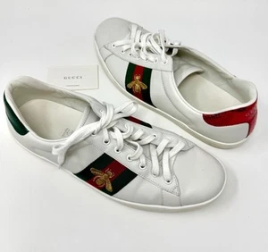 Baskets Gucci Ace homme US 13,5 blanc or broderie abeille bande toile Italie