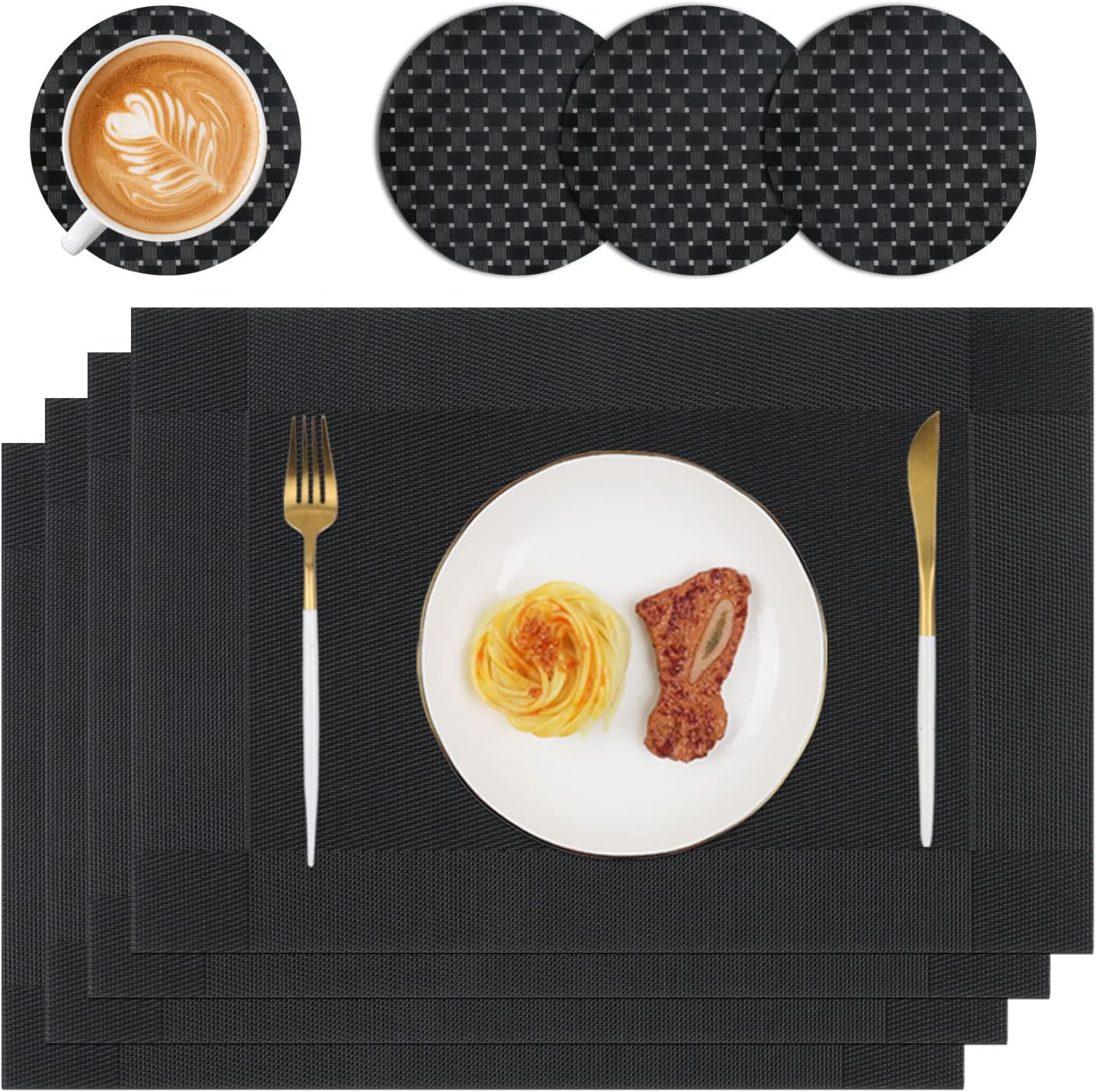Table Place Mats and Coasters Set of 4 Heat Resistant Placemats Washable PVC Din