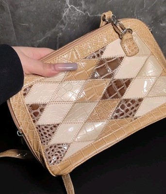 Vintage Damen Handtasche Patchwork Rauten Harlekin Muster Kroko Prägung Beige