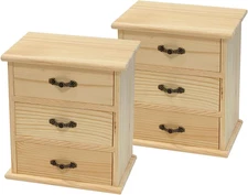 2 Pack Wooden Box with 3 Mini Drawers for Jewellery,Unfinished Wood Surface Box,