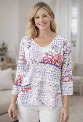 CHICO'S Sz 1 8/10 Medium 3/4 Sleeve Top Shirt Blouse V-Neck Colorful Artsy