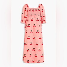 Farm Rio Cherry Cross Stitch Midi Dress Embroidered Pink Sundress Medium