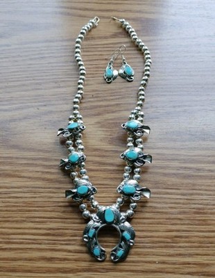 Squash Blossom Stone Necklace And Earring Set Stamped Made In Mexico