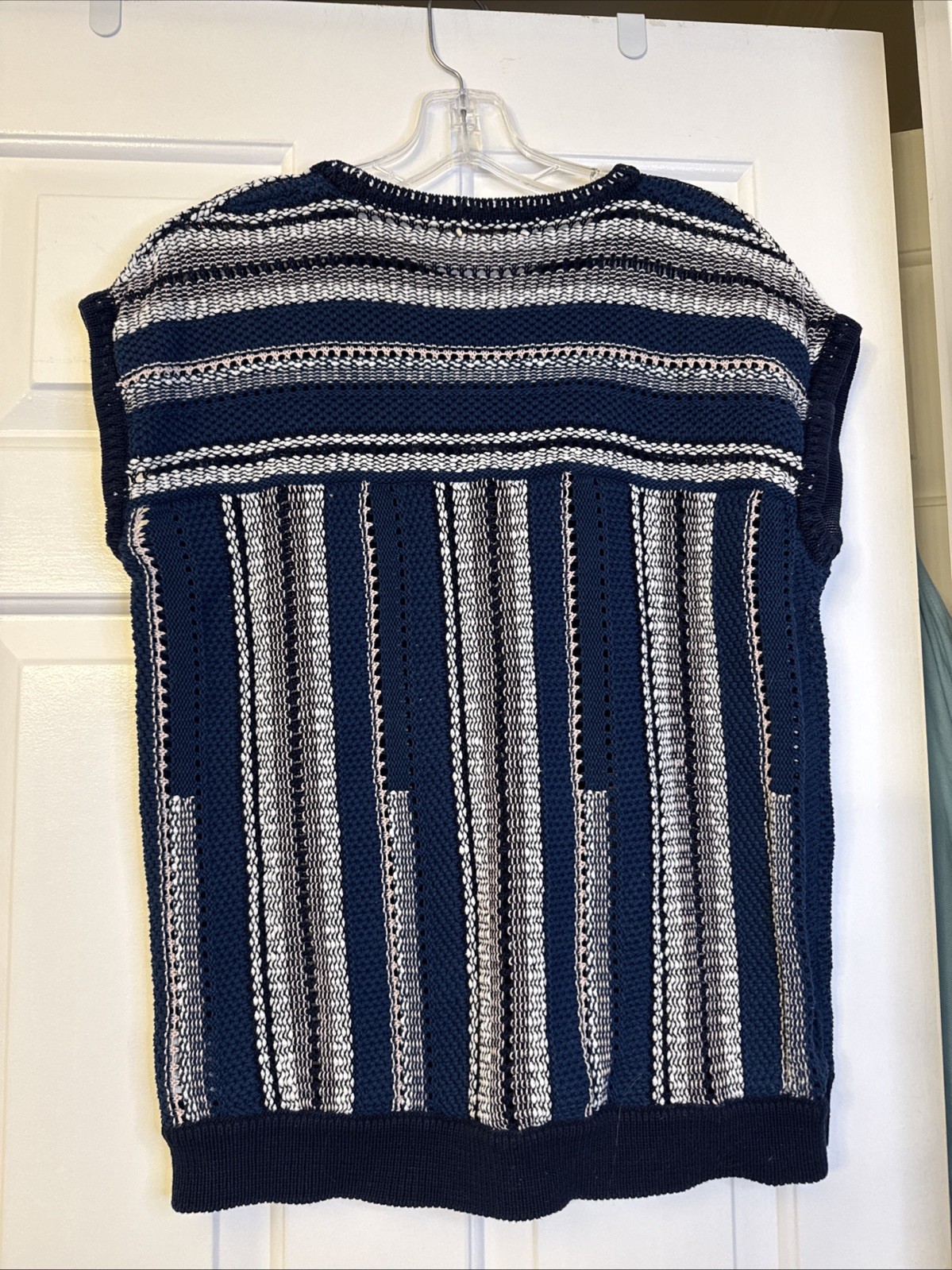 Tory Burch Short Sleeve Pull Over Cotton Linen Blend Sweater Sz M Blue Multi thumbnail 2