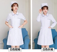 Women Nurse Doll Collar Doctor Beautician Lab Long Coat Work Clothes Blue Edge  
