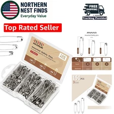 Safety Pins - 150 Pcs Assorted Sizes Silver Pins Bulk - Small & Large Heavy Duty