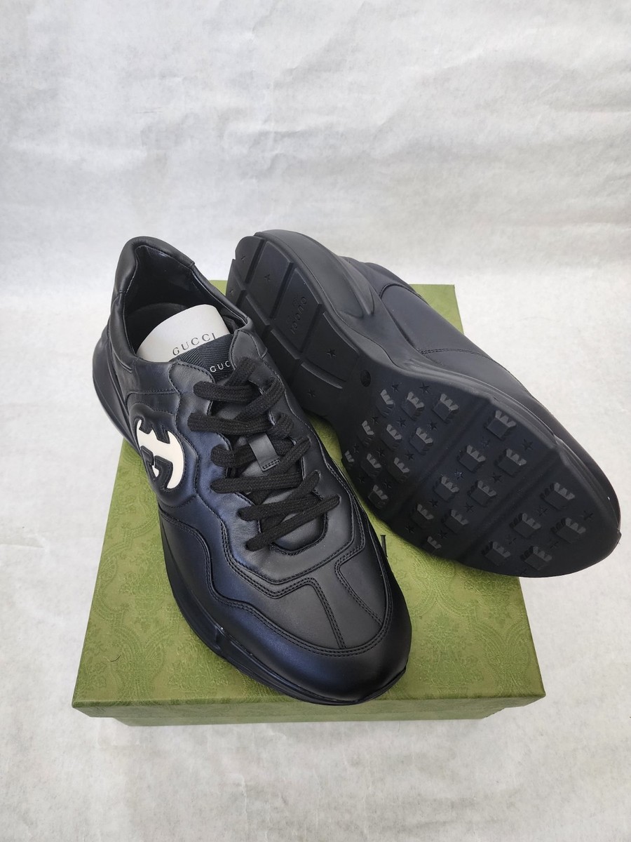 GUCCI rhyton レザースニーカー ブラック 9 Gucci Black Rhyton Leather Sneakers With Side Interlocking GG Logo