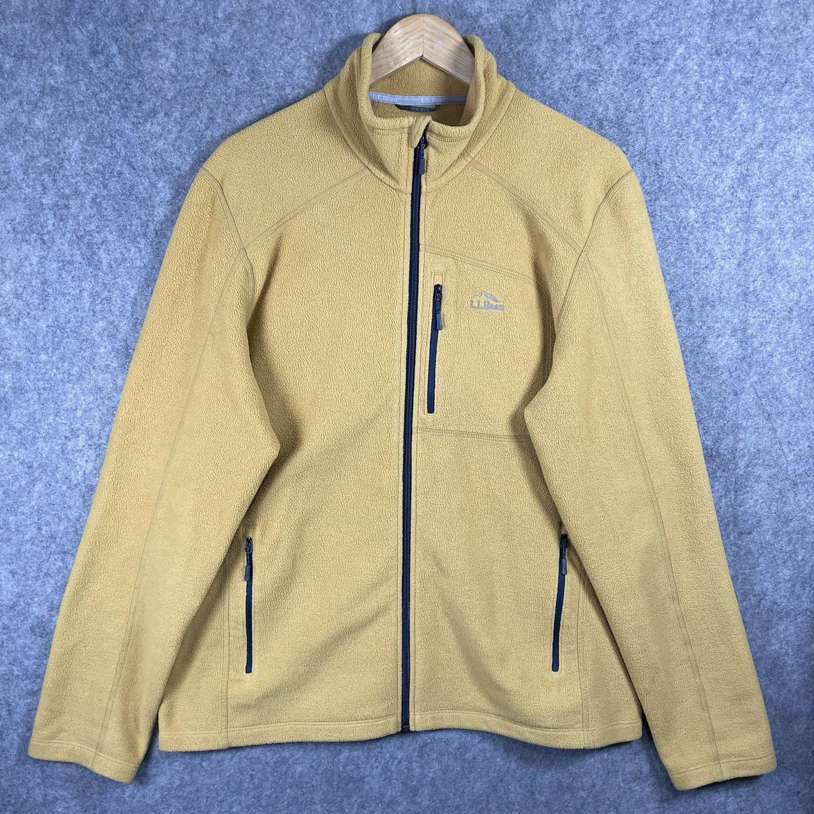 LL Bean Fleece Jacket Mens Large Mustard Yellow Slightly Fitted Full Zip Pocket