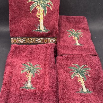 Avanti ? USA   Brick Red Set Of 4 Towels  Fringe   1990s Monkey Palm Tree