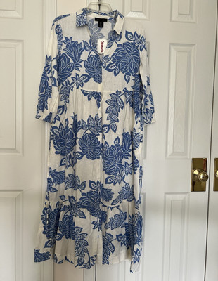 Tahari White/Blue Floral Collared 3/4 Sleeve Linen Woven Midi Dress S New w/tag