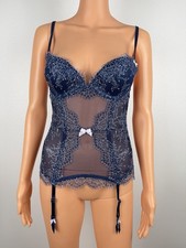 NWT Victoria s Secret Navy Lace Boned Bustier Garter Slip 34B Sheer Mesh