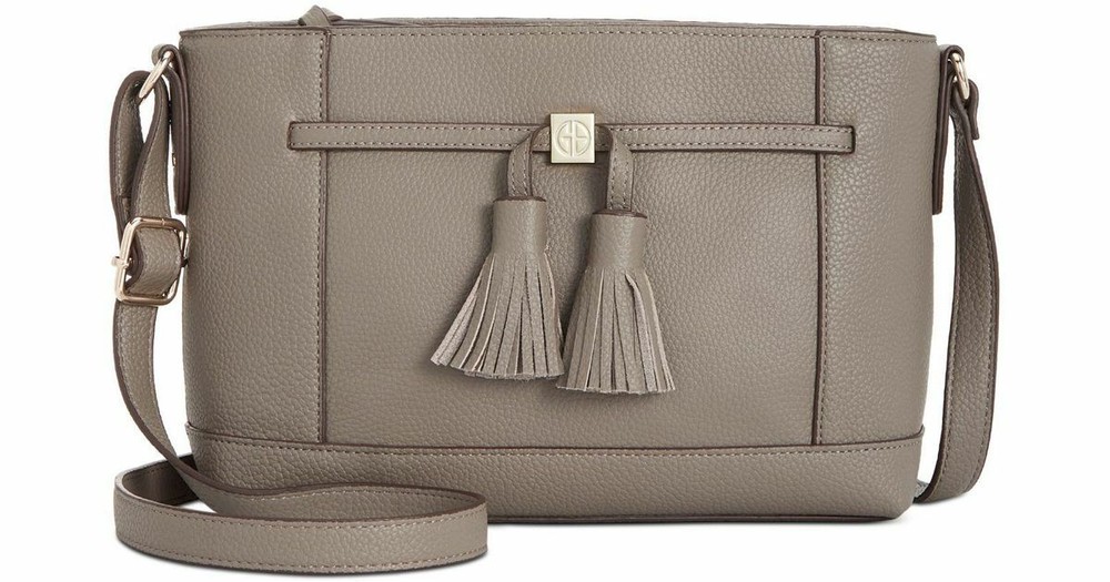 Giani Bernini Crossbody Shoulder-Bag Pebble Leather Tassel Grey Zip Phone Pocket