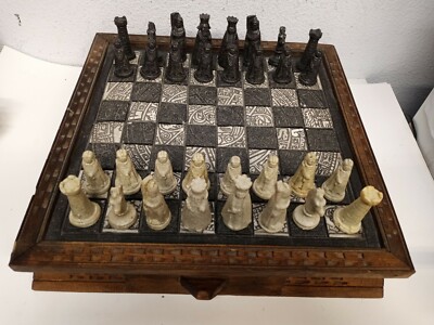 Vintage Aztec vs Conquistador Chess Board, Complete Set, Made in Mexico, Rare