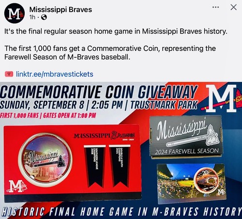#/1000 MISSISSIPPI BRAVES COMMEMORATIVE COIN FAREWELL W GAME TICKET SCHEDULE - Picture 10 of 10