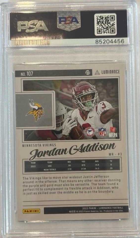 2023 Panini Luminance Jordan Addison Signed RC Rookie AUTO Vikings PSA/DNA - Image 2 of 2