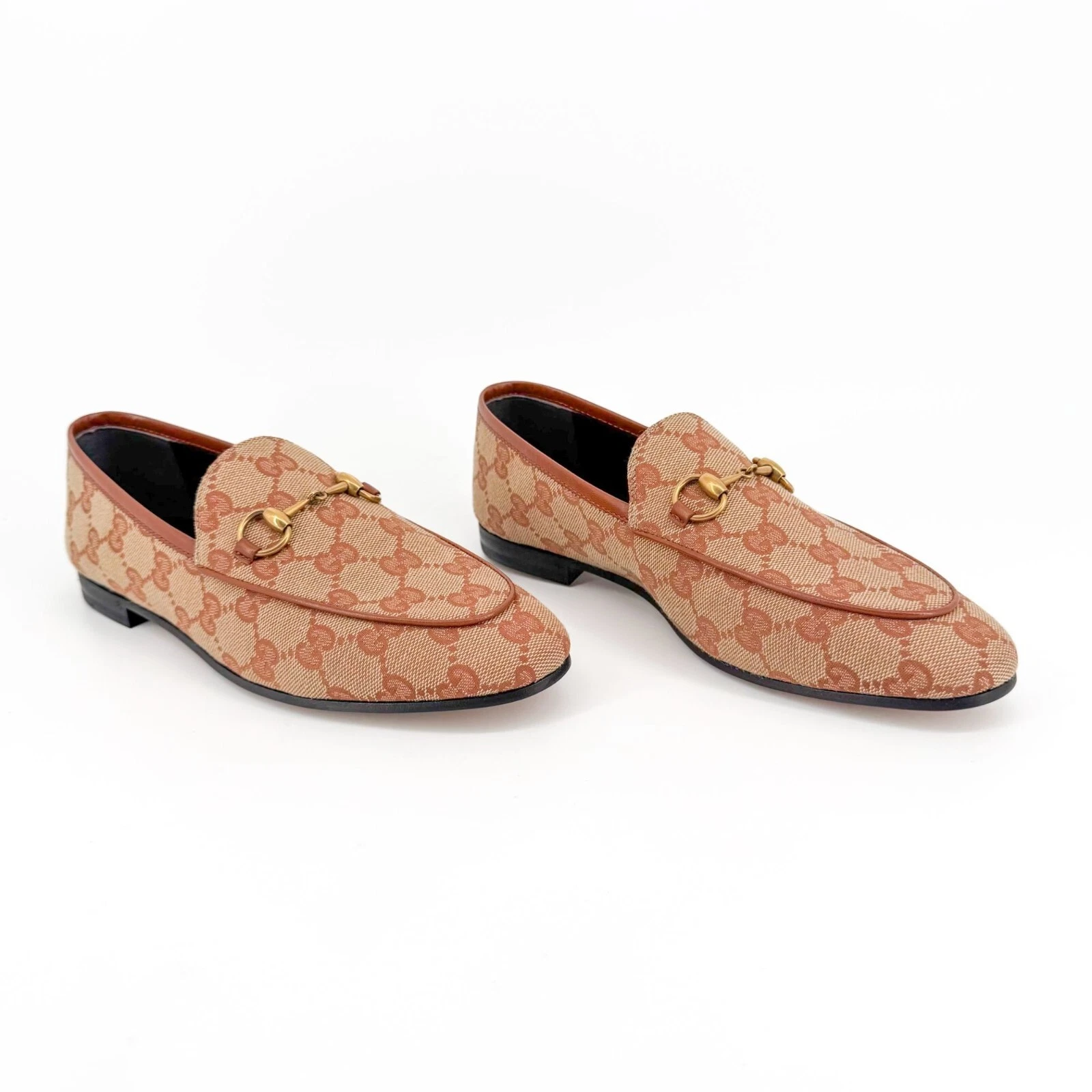 Mocassins Gucci Jordaan Horsebit taille 37 US 7 beige GG monogramme toile chaussure plate