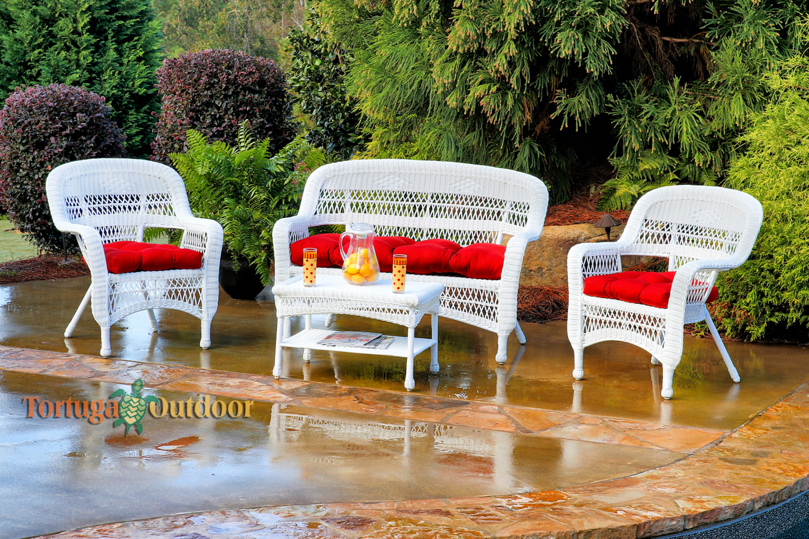 4 Piece White Wicker Patio Furniture Set Outdoor Weather Red Fabric Cushions For Sale Online