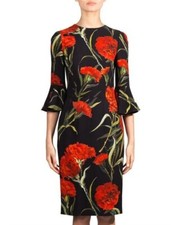Dolce & Gabbana SS2015 Floral Carnations Print Sheath Black Cady Dress IT38