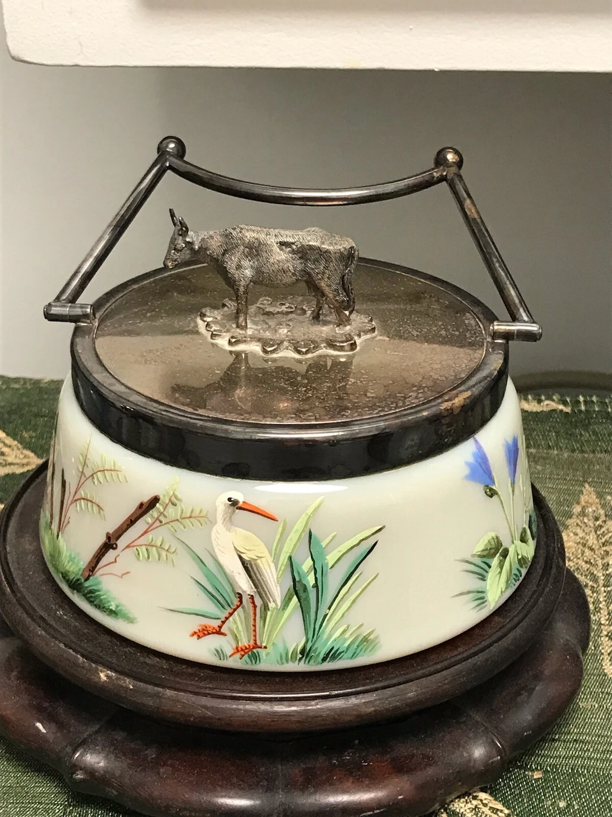 Victorian Cow Butter Dish with Enameled Custard Glass