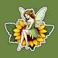 Green Fairy Sitting on a Sunflower Mystical Mythical Flower 3" Vinyl Sticker
