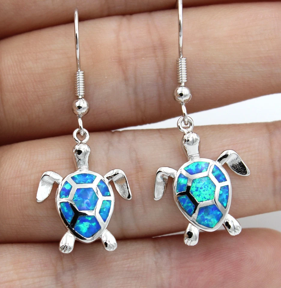 Blue Fire Opal Inlay Turtles Dangle earrings Hook 925 Sterling Silver Earrings - Image 4 of 4